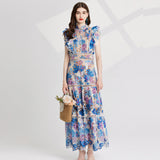 Southeast Asia Holiday Style Color Printing Embroidery Collar Dress Flying Sleeves Loaf Side Waist Dress 68HZ