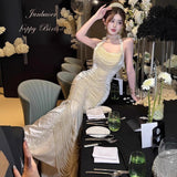 Evening Dress Hanging Neck Dress 2024 Spring And Autumn New High-End Famous Birthday Banquet Heavy Industry Fish Tail Dress 68HZ