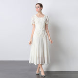 European Goods Heavy Industry Lace Three-Dimensional Square Dress Dress Women 2025 Summer New Gas Shade Meat Mesh Yarn Long Dress 68HZ