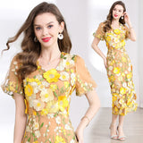 Summer Banquet Famous Wind V-Neck Bubble Sleeves Body-Brace Hip Three-Dimensional Flower Lace Dress 68HZ
