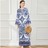 Vintage Blue And White Porcelain Printed Dress Women Summer Seaside Beach Dress Loose Meat Cover Sunscreen Open Fork Dress 68HZ