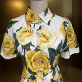 Yellow Rose Print Short Sleeve Single Buckle With Waist Cotton Dress Spring And Summer Women's New 2024 68HZ