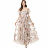 Sexy Square Collar Bubble Sleeves To Collect Waist Long Print Lotus Leaf Side Blue Dress Summer Women's New 2024 68HZ