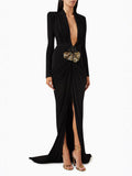 Exploding Black Long-Sleeved Hollow V-Neck Cross Dress Metal Fishtail Elegant Dress 68HZ