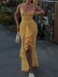 Sexy Women's High-Sensing Mesh Sling Dress New Folds Irregular Fashion Design Temperament 68HZ