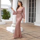 2024 New Fashion V-Necked Hips Brighten Dress Mid-Waisted Horn Sleeve Long Evening Dress 68HZ