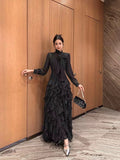 2025 Autumn And Winter Women's Elegant Ocean Collar Bow Wave Point Printing Waist Lotle Side Dress 68HZ
