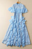 Round Collar Short-Sleeved Heavyweight Hook Flower Stacked Lotus Leaf Lace Blue Dress Women's New Spring And Summer 2025 68HZ