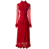 Heavy Industry Three-Dimensional Flower Collared Long-Sleeved Lace-Bum Dress Princess Dress Autumn And Winter Women's Dress New 2024 68HZ