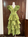 Spring And Summer 2024 New V-Neck Flying Sleeve Embroidery Splicing Wooden Ear Layer Mid-Long Dress Dress Australian Vacation 68HZ