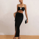 New Sexy Decorative Diamond Flower Sling Skirt Woman High-End Solid Color Slings Two-Piece Dress 68HZ