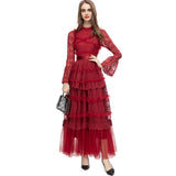 French Elegant Embroidered Lace Collar Long-Sleeved Dress Red Long Dress Spring And Summer Women's Dress 2025 68HZ