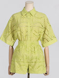 2025 New Embroidery Hook Design Medium Long-Sleeved Shirt Top + Casual High-Waist Shorts Fashion Two-Piece Set Of Women 68HZ