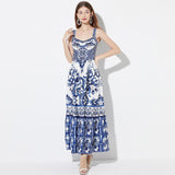 Holiday Blue And White Porcelain Beauty Sling Dress 2025 Summer Dress New Waist Pressure Folding Commuting Print Dress 68HZ