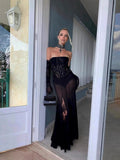 Autumn/Winter 2024 New Black Lace Breast Dress Long Dress Women's Gloves Three-Piece Set 68HZ