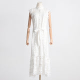 French Famous Wind Dress Woman 2025 Spring New Embroidery Splicing Hollow Waist Thin Dress 68HZ