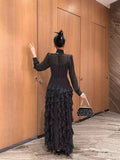 2025 Autumn And Winter Women's Elegant Ocean Collar Bow Wave Point Printing Waist Lotle Side Dress 68HZ