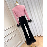 Famous Wind Rose Flower Brooch Short Ostrich Coat High Waist Water Drill Chain Velvet Trumpet Trousers 68HZ