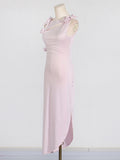 Clent Style Style Sleeveless Dress 2025 New Irregular Splicing Three-Dimensional Flowers Long Open Fork Dress Woman 68HZ