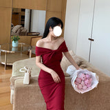 Wine Red French Champs-All Lys¨¦e Classic Shoulder Tea Dress High Waist Repair Body Scuffled Ass Bent Dress Woman 68HZ
