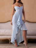 Early Autumn Women's High-End New Mesh Sling Sling Folds Irregular Sleeveless Dress Fashion Design Long Dress 68HZ
