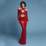 New Women's Sexy V-Neck Long-Sleeved Dress High-End Decorative Flowers Under The Fork Dress Long Model 68HZ