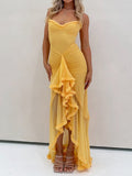 Early Autumn Women's High-End New Mesh Sling Sling Folds Irregular Sleeveless Dress Fashion Design Long Dress 68HZ