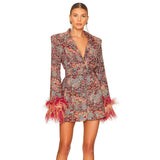 New High-End Women's V-Neck Broken Floral Dress Cuffed Feathers Elegant Dress Coat 68HZ
