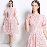 2025 Summer New Pink Diamond Pearl Collar Short-Sleeved Lace Dress Femininity Long Dress 68HZ