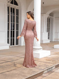 2024 New Fashion V-Necked Hips Brighten Dress Mid-Waisted Horn Sleeve Long Evening Dress 68HZ