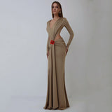 New Sexy V-Necked Long-Sleeved Dress Waist Decor Flower Open-Forked Pouse Dress Dress Dress Long 68HZ