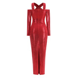 New Women's Sexy V-Neck Long-Sleeved Dress High-End Decorative Flowers Under The Fork Dress Long Model 68HZ