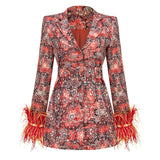 New High-End Women's V-Neck Broken Floral Dress Cuffed Feathers Elegant Dress Coat 68HZ