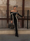 Elegant And Sexy Shoulder-Collision Dress Knitted Long-Sleeved Shoulder Banded Evening Dress 68HZ