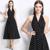 French Retro Sleeveless Dress Wave Point Small Bare Back V Collar Hanging Neck Tea Break Skirt Hong Kong Wind Girl Summer 2025 68HZ