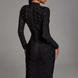 Women's Clothing Heavy Industry Nail Perspective Mesh Long-Sleeved Dress Banded Dress Burst 68HZ