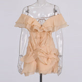 French Lotus Side Shoulder Short-Sleeved Dress Women 2025 Summer Sweet Flying Flying Sleeve Skirt Bag Hip Skirt 68HZ