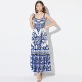 Summer French Retro Sling Dress Long Dress Temperament High Waistless Sleeveless Porcelain Print A Large Swing Dress 68HZ
