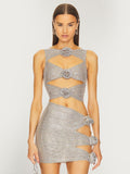 High-End Women's New Sexy Hollow Tight-Nuffed Ass Flower Decoration Dress Temperament Hot Diamond Dress 68HZ