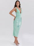 Women's Sexy Deep V-Snee Dress Temperament Body-Body-Bstupling Open Fork Dress Mid-Long 68HZ