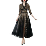 Sexy V-Neck Heavy Industry Embroidery Mesh Perspective Big Swing Dress Black Dress Women Spring And Summer 2024 68HZ