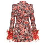 New High-End Women's V-Neck Broken Floral Dress Cuffed Feathers Elegant Dress Coat 68HZ