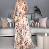 Sexy Women's New Stylish Elegant Fine Shoulder With Lotus Leaf Side V-Neck Print Dress 68HZ