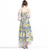 Summer Show Lemon Blue And White Porcelain Print Bows To Collect Waist Thin Holiday Style Long Hanging Dress 68HZ