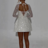 High-Level Sleeves Long-Sleeved A-Dress Women's Winter New Sexy Bare Back Strapped With Bows Sweet And Spicy Skirt 68HZ