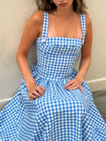 Sexy Women's Summer Summer Idyllic Dress Blue Lattice Sling Dress Summer Women's High-End Holiday Dress 68HZ