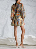 French Retro-Print Dress 2025 New Temperament V Tie Collar Collar Slimming Short Skirt Woman 68HZ
