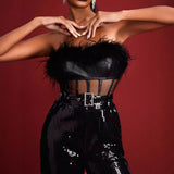 New Black Squins Party Feather-Smeared Boobs Mesh Spliced Sexy Body-Repair Belt 68HZ