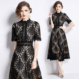 French High-End Lace Splicing Round Collar Dress Women's New Summer Waist Thin Temperament Big Swing Dress Dress 68HZ