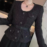 Vintage Wind Round Neck Heavy Industry Nails Button Pressure Folded Black Coarse Flowers Dress Women's Spring And Autumn 2025 68HZ